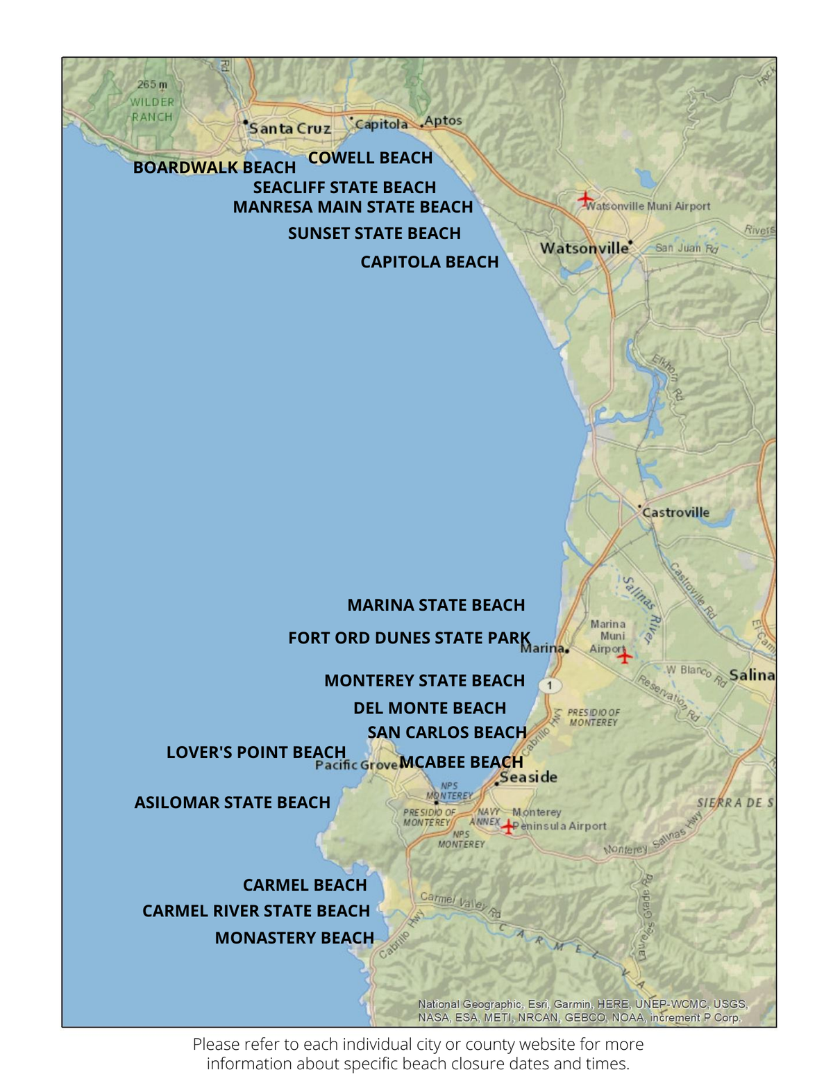 Condados De Monterey Y Santa Cruz Cerrar N Sus Playas Durante El Fin De   Monterey Bay Beach Closure Map 