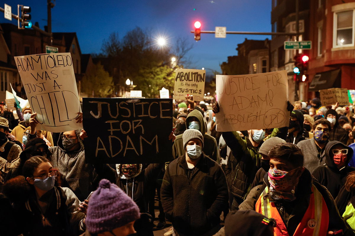 While the true scope of the impact of police brutality is difficult to quantify, a new report indicates that more than 2,600 Latinos were killed by police or died while in custody in recent years. Protesters are shown marching through Logan Square neighborhood during a rally on April 16, 2021 in Chicago.