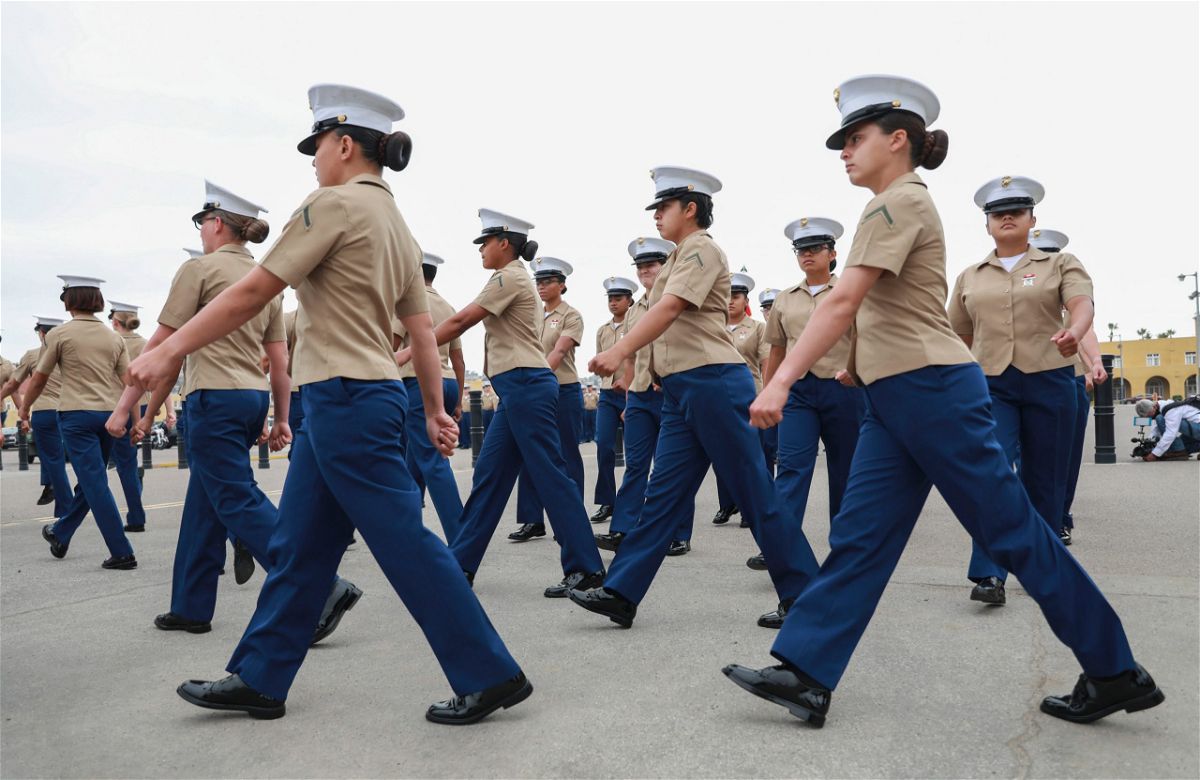 The female Marines of Platoon 3241 march together at their May graduation ceremony.
