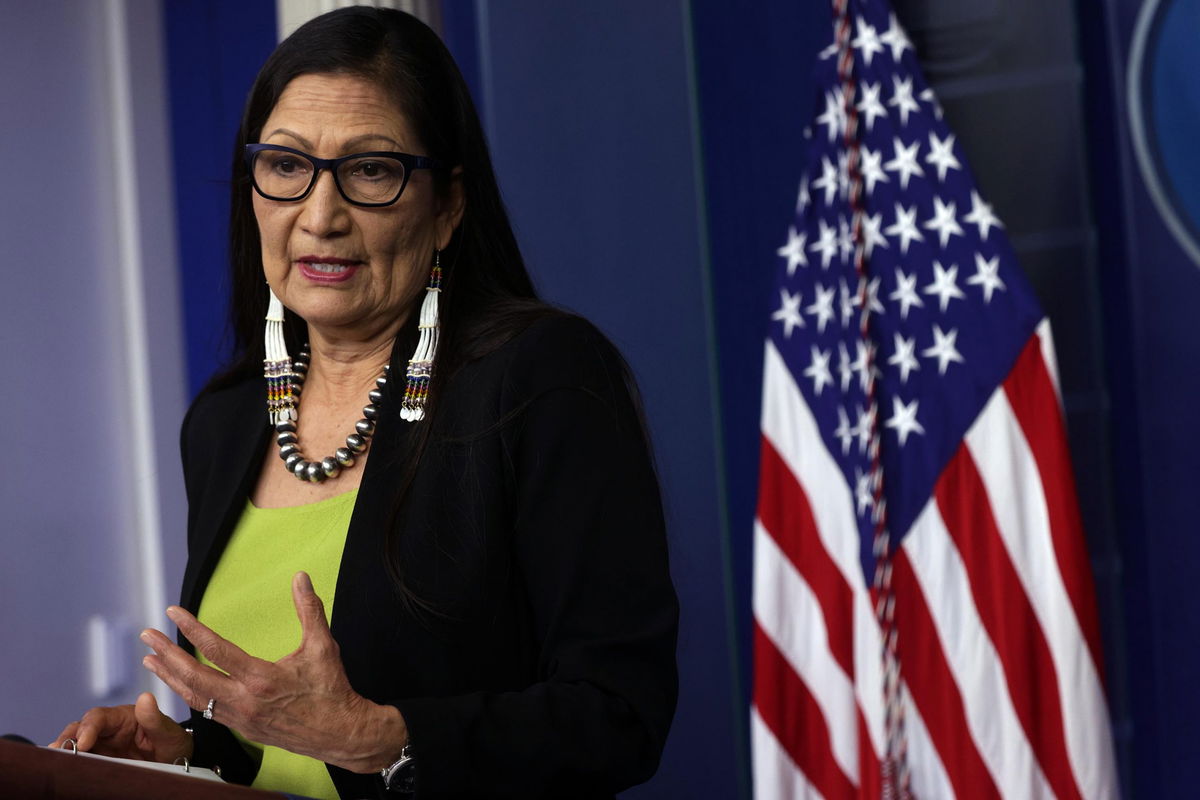 WASHINGTON, DC - APRIL 23: <U.S. Secretary of the Interior Deb Haaland speaks during a daily press briefing at the James Brady Press Briefing Room of the White House April 23, 2021 in Washington, DC. White House Press Secretary Jen Psaki held the daily briefing to answer questions from members of the press. 