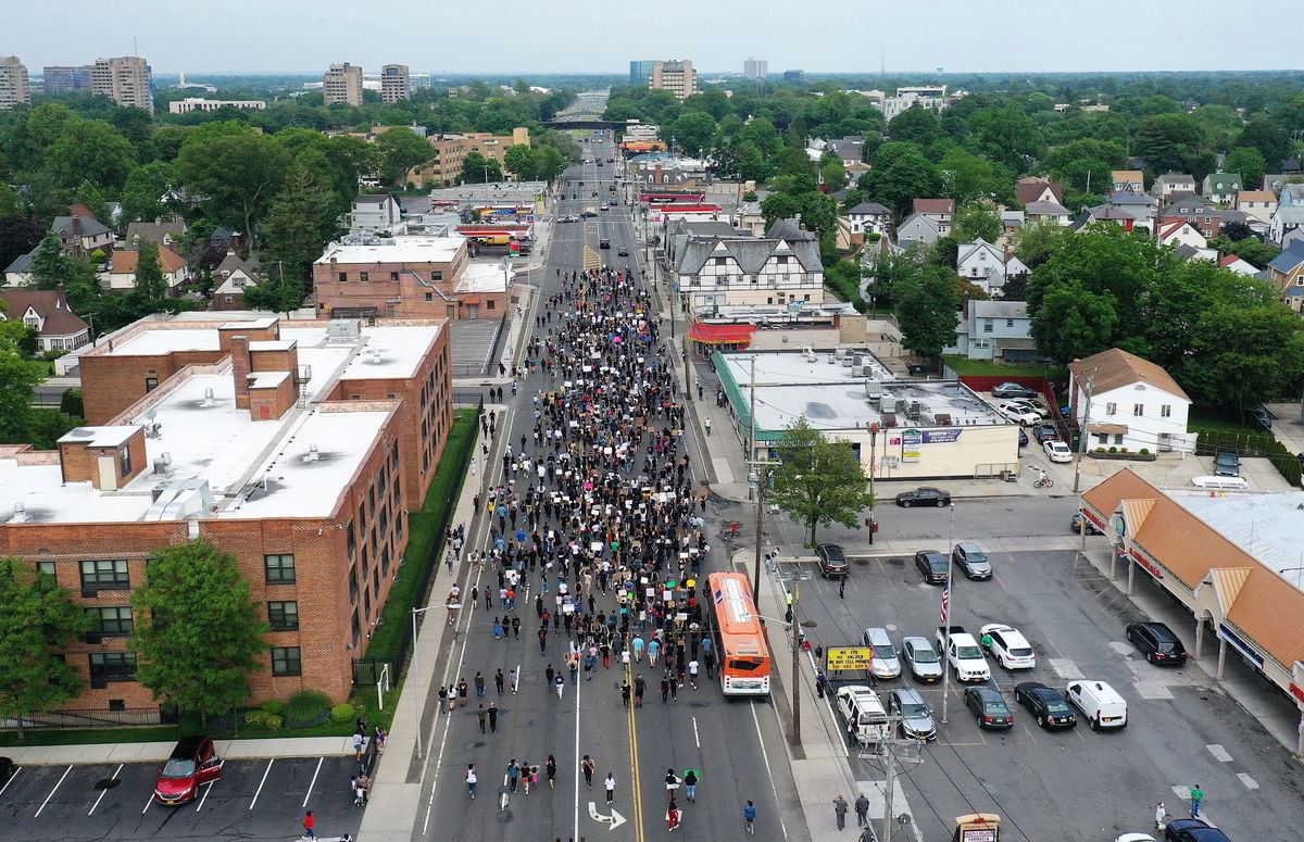 HEMPSTEAD, NEW YORK - JUNE 05:  An aerial view of protesters gathered to march on June 05, 2020 in Hempstead, New York. Minneapolis Police officer Derek Chauvin was filmed kneeling on George Floyd's neck, who was later pronounced dead at a local hospital. Chauvin has been charged with second-degree murder and three other officers who participated in the arrest have been charged with aiding and abetting second-degree murder. Floyd's death, the most recent in a series of deaths of African Americans by the police, has set off days and nights of protests across the country. 