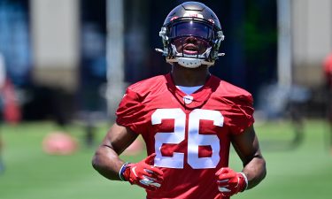 Tampa Bay Buccaneers cornerback Cameron Kinley practices during 2021 rookie mini-camp at AdventHealth Training Center.