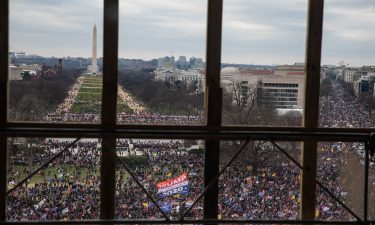 A crowd of Trump supporters gather outside as seen from inside the U.S. Capitol on January 6 in Washington