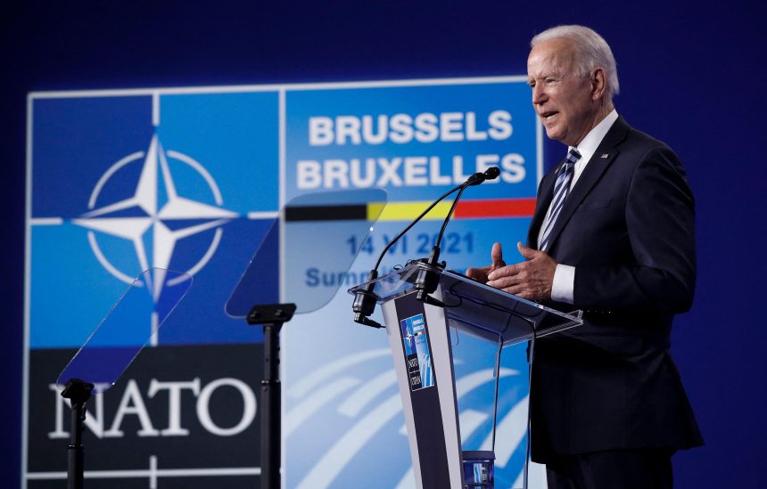 US President Joe Biden gives a press conference after the NATO summit at the North Atlantic Treaty Organization (NATO) headquarters in Brussels