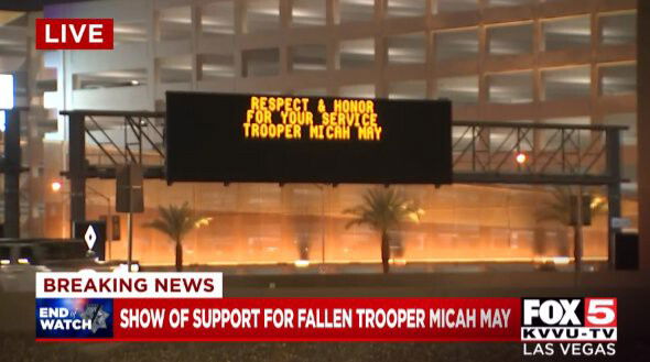 <i>KVVU</i><br/>A sign along a Las Vegas highway pays tribute to Nevada Highway Patrol Trooper Micah May