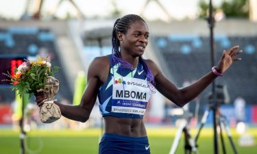 Christine Mboma of Namibia reacts after setting a new World record in a women's 400m race in Bydgoszcz