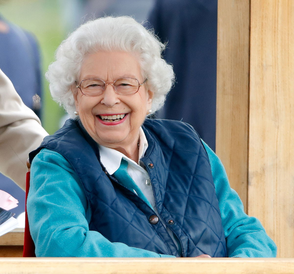 <i>Max Mumby/Indigo/Getty Images</i><br/>Queen Elizabeth II watches her horse 'First Receiver' compete in and win the Retired Racehorses - RoR Open In Hand Show Series Qualifier Class on day 3 of the Royal Windsor Horse Show in Home Park