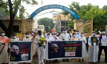 Catholic priests and nuns protest against the arrest of Stan Swamy in the eastern Indian state of Jharkhand on October 21