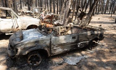 Dee McCauley surveys charred wreckage on her property on July 22 in Bly