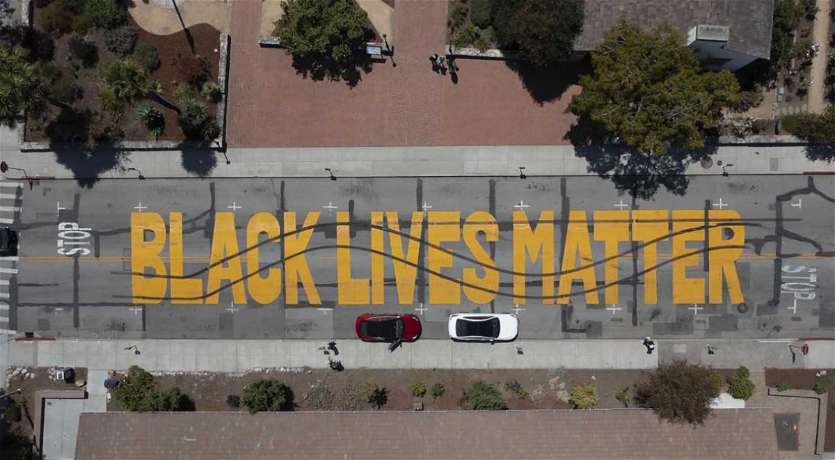 <br/>Santa Cruz police released this image showing damage to a Black Lives Matter mural. Two men are facing charges for the vandalization