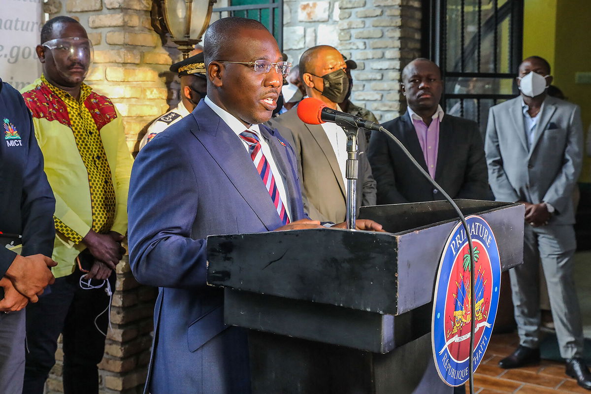 <i>Valerie Baeriswyl/AFP/Getty Images</i><br/>Haiti's interim Prime Minister Claude Joseph at a press conference in Port-au Prince on July 11