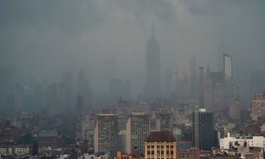 Rain covers the Empire State Building in New York on July 8 as Tropical Storm Elsa moves up the Northeast with heavy rain and flash flood warnings.