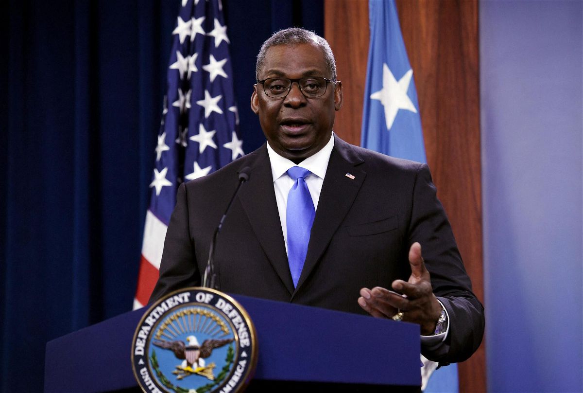 <i>Olivier Douliery/AFP/Getty Images</i><br/>Defense Secretary Lloyd Austin holds a news conference on July 21