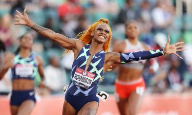 Richardson celebrates winning the 100m final at the US Olympic trials.