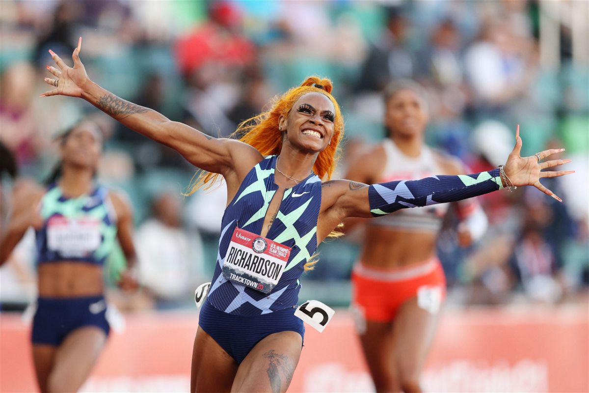 <i>Patrick Smith/Getty Images</i><br/>Richardson celebrates winning the 100m final at the US Olympic trials.