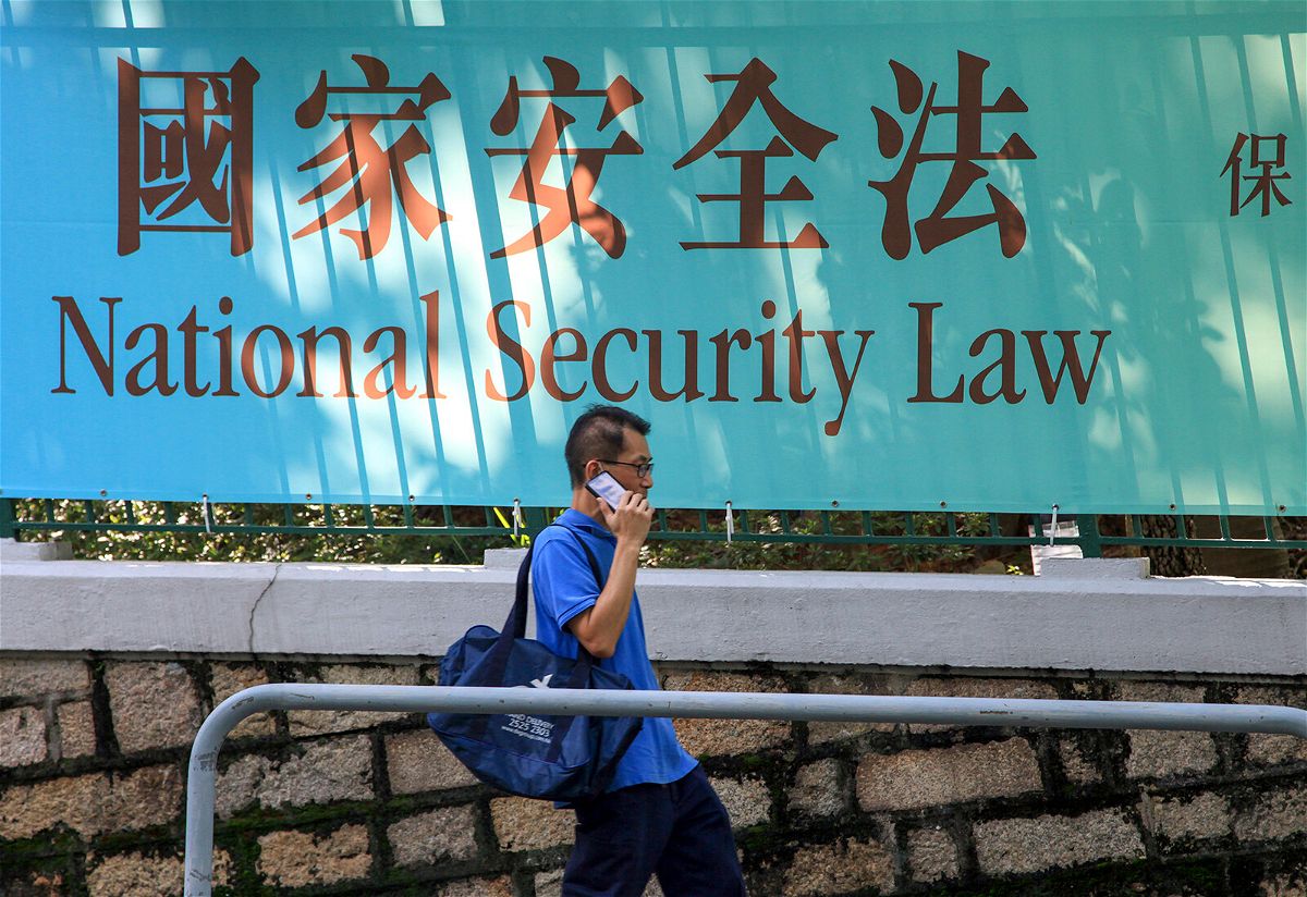 <i>Olivier Chouchana/Gamma-Rapho/Getty Images</i><br/>A banner announcing the National Security Law in Hong Kong's Admiralty district on August 14