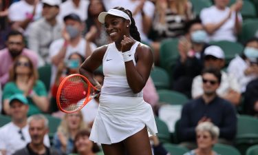 Sloane Stephens celebrates beating Petra Kvitova at Wimbledon.