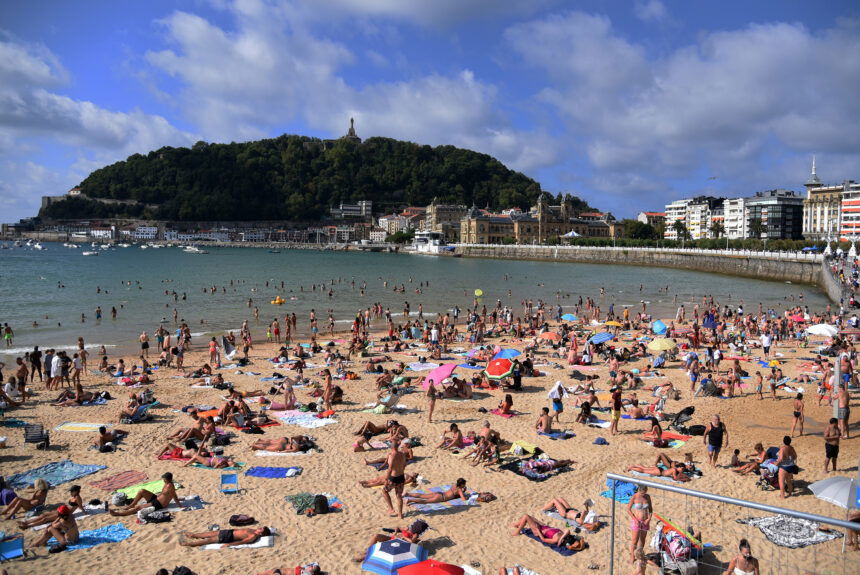 People at the Beach of the Concha in San Sebastian Guipuzkoa