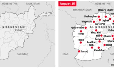 This graphic shows the cities in Afghanistan conquered by the Taliban from August 6 to August 15.