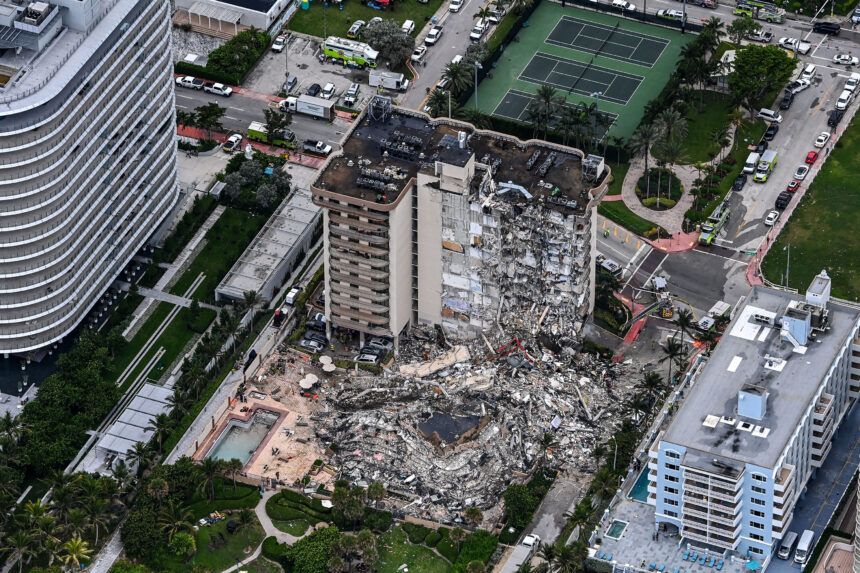 Miami-Dade leaders announce a series of meetings for policy changes after the Surfside condo building collapse. Aerial image shows the collapsed building on June 24.