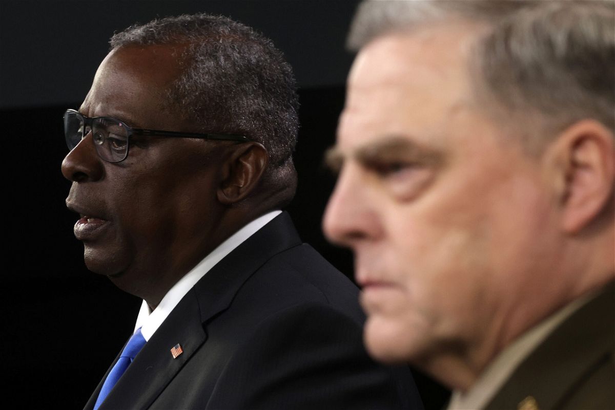<i>Alex Wong/Getty Images</i><br/>U.S. Secretary of Defense Lloyd Austin (L) and Mark Milley (R) participate in a news briefing at the Pentagon on July 21 in Arlington