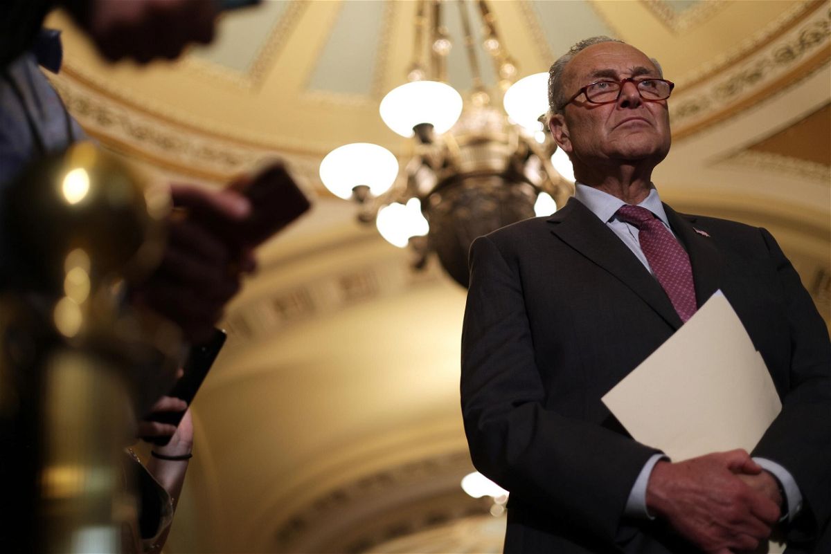 <i>Alex Wong/Getty Images</i><br/>Senate Majority Leader Chuck Schumer is now halfway toward his two-track goal of advancing both a bipartisan infrastructure bill