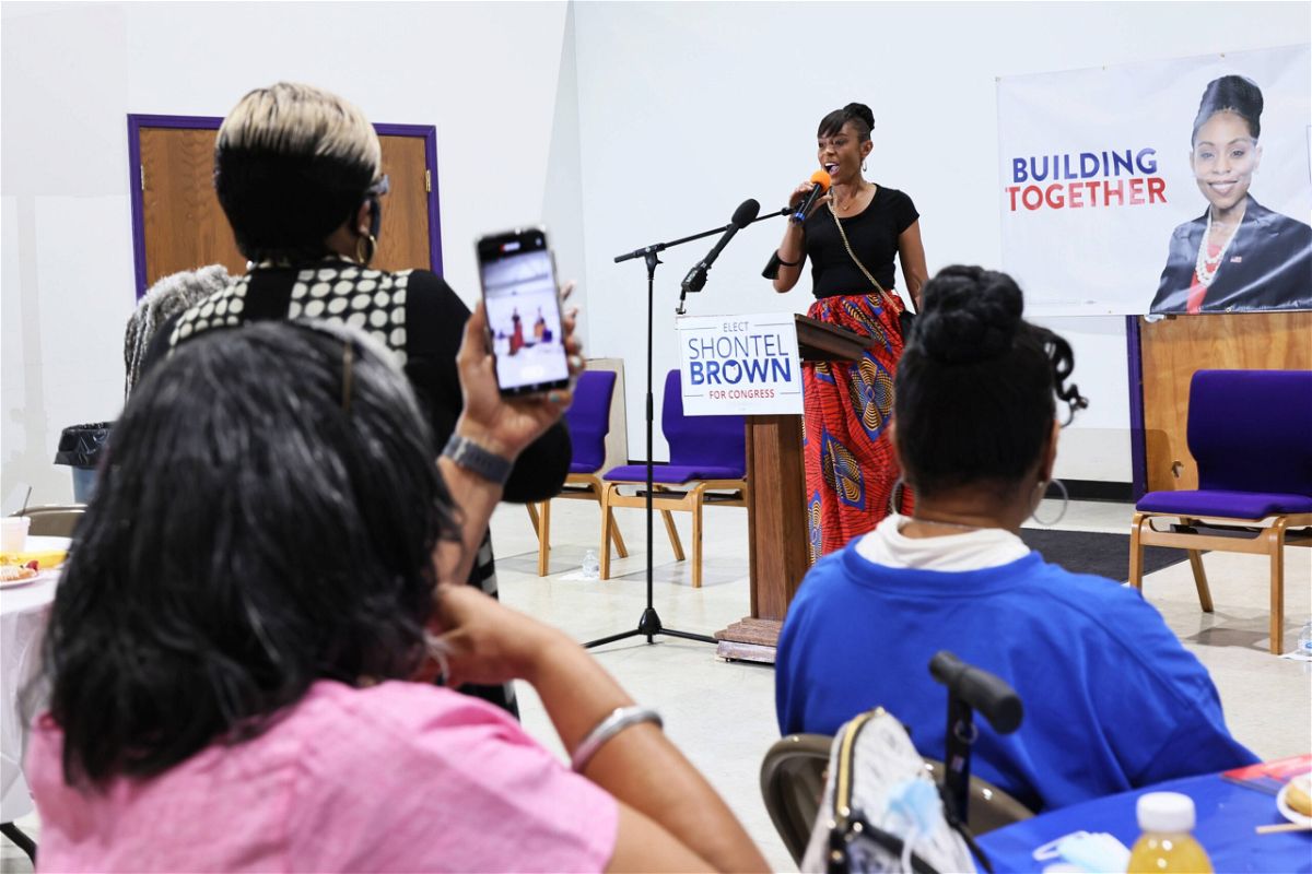 <i>Michael M. Santiago/Getty Images</i><br/>Cuyahoga County Council Representative and Ohio 11th District congressional candidate Shontel Brown speaks during Get Out the Vote campaign event at Mt. Zion Fellowship on July 31