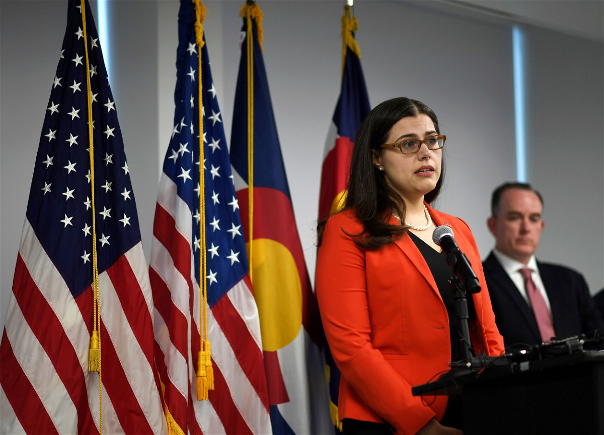 <i>RJ Sangosti/The Denver Post/AP/FILE</i><br/>Colorado Secretary of State Jena Griswold speaks during a press conference about the Mesa County election breach investigation on Thursday