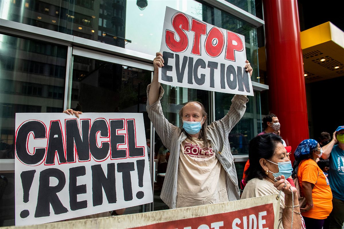 <i>Brittainy Newman/AP</i><br/>Justice Department lawyers defended the Biden administration's most recent eviction moratorium Friday. Housing advocates protest on August 4