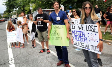 Staten Island University Hospital employees protested mandatory Covid-19 vaccination and testing outside the hospital last week.