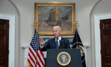 US President Joe Biden speaks during an update on the situation in Afghanistan and the effects of Tropical Storm Henri in the Roosevelt Room of the White House in Washington