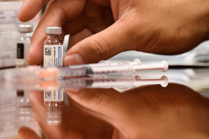 Vials and syringes of the Johnson and Johnson Janssen Covid-19 vaccine are displayed for a photograph at a Culver City Fire Department vaccination clinic on August 5 in Culver City