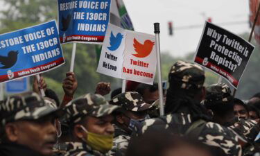 Youth congress party workers hold placards during a protest outside Twitter's office in New Delhi