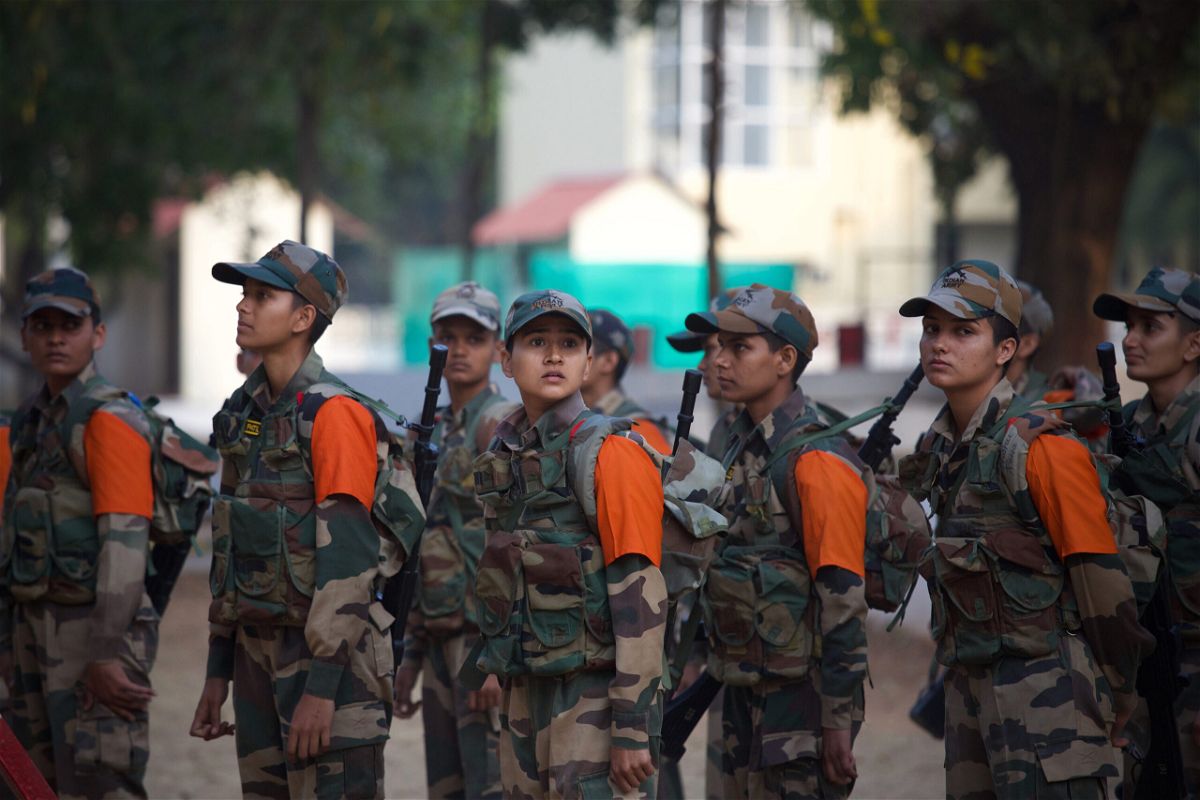 <i>Abhishek Chinnappa/Getty Images</i><br/>Female recruit soldiers from the Indian army wait during a media visit to the Corps of Military Police Centre and School on March 31 in Bengaluru