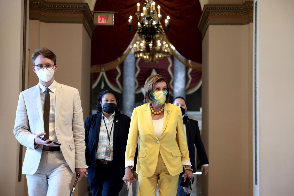 <i>Anna Moneymaker/Getty Images</i><br/>Democrat Sen. Joe Manchin rejects Nancy Pelosi's call for a deal on President Joe Biden's economic package ahead of a key Thursday vote. Pelosi is seen here at the U.S. Capitol on August 24.