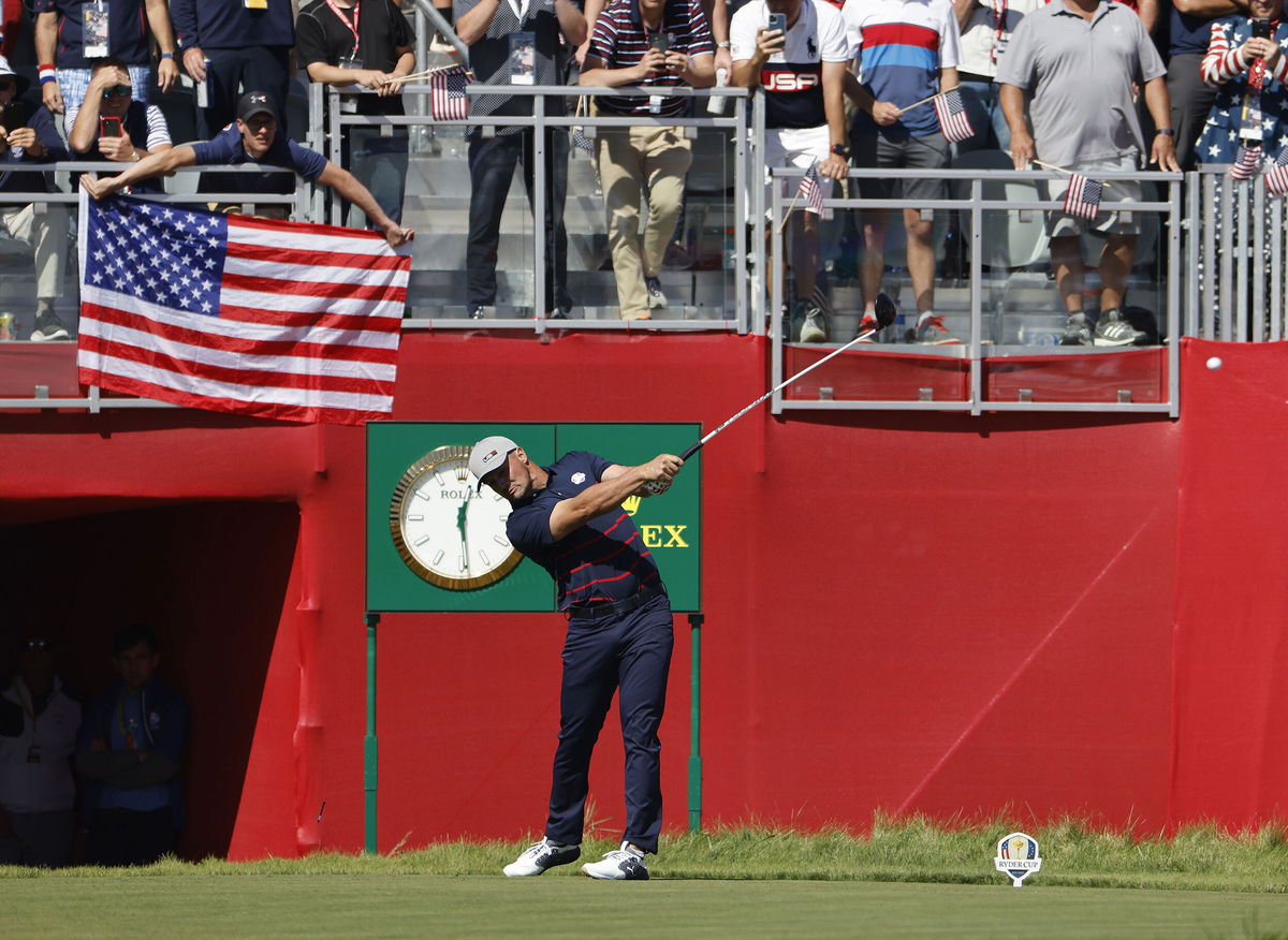 <i>Erik S Lesser/EPA-EFE/Shutterstock</i><br/>Bryson Dechambeau hits his tee shot on the first hole during the Fourball matches.