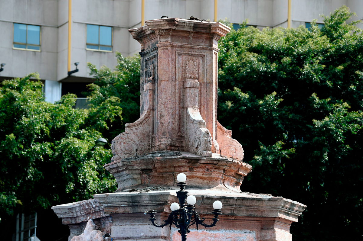 <i>Alfredo Estrella/AFP/Getty Images</i><br/>The pedestal where a statue of Christopher Columbus once stood is now empty in Mexico City.