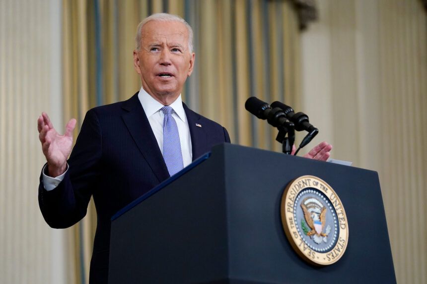 President Joe Biden speaks about the COVID-19 response and vaccinations in the State Dining Room of the White House
