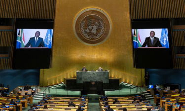 South Africa President Cyril Ramaphosa delivers a prerecorded address on the twentieth anniversary of the adoption of the Durban Declaration and Programme of Action on September 22 in New York.