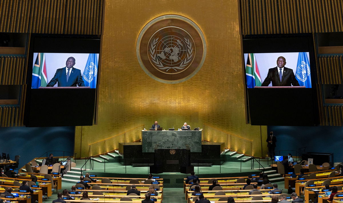 <i>JUSTIN LANE/POOL/AFP/Getty Images</i><br/>South Africa President Cyril Ramaphosa delivers a prerecorded address on the twentieth anniversary of the adoption of the Durban Declaration and Programme of Action on September 22 in New York.