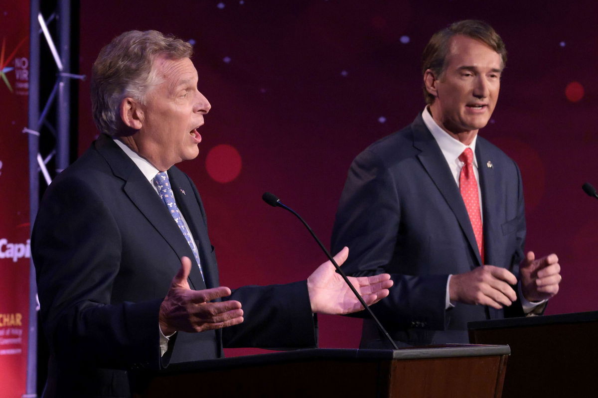 <i>Win McNamee/Getty Images</i><br/>Democratic former Virginia Gov. Terry McAuliffe (left) debates Republican gubernatorial candidate Glenn Youngkin on September 28 in Alexandria