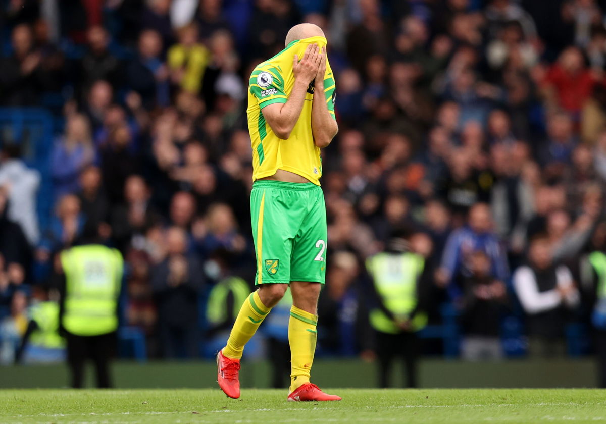 <i>Alex Pantling/Getty Images Europe/Getty Images</i><br/>Norwich striker Teemu Pukki looks dejected following the defeat.