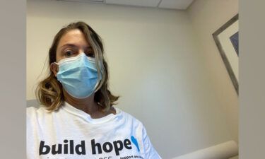 Anne LaPorte while receiving chemo treatment two weeks ago in her "build hope" shirt from Lung Cancer Resesarch Foundation's Free to Breathe walk.