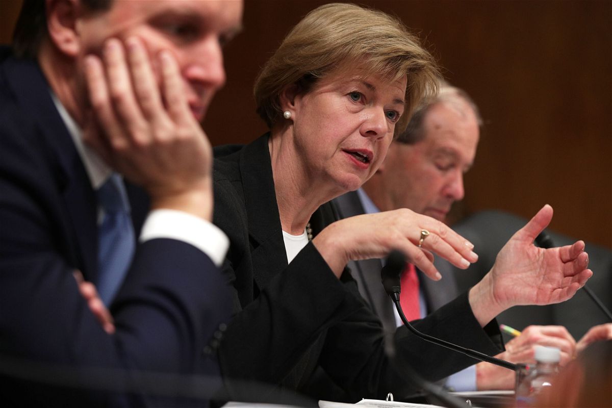 <i>Alex Wong/Getty Images</i><br/>U.S. Sen. Tammy Baldwin (D-WI) (C) speaks during a hearing before the Military Construction