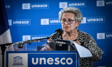 Private collector Manichak Aurance delivers a speech on October 25 at the UNESCO headquarters in Paris during a ceremony to return a Mayan artifact to Guatemala.