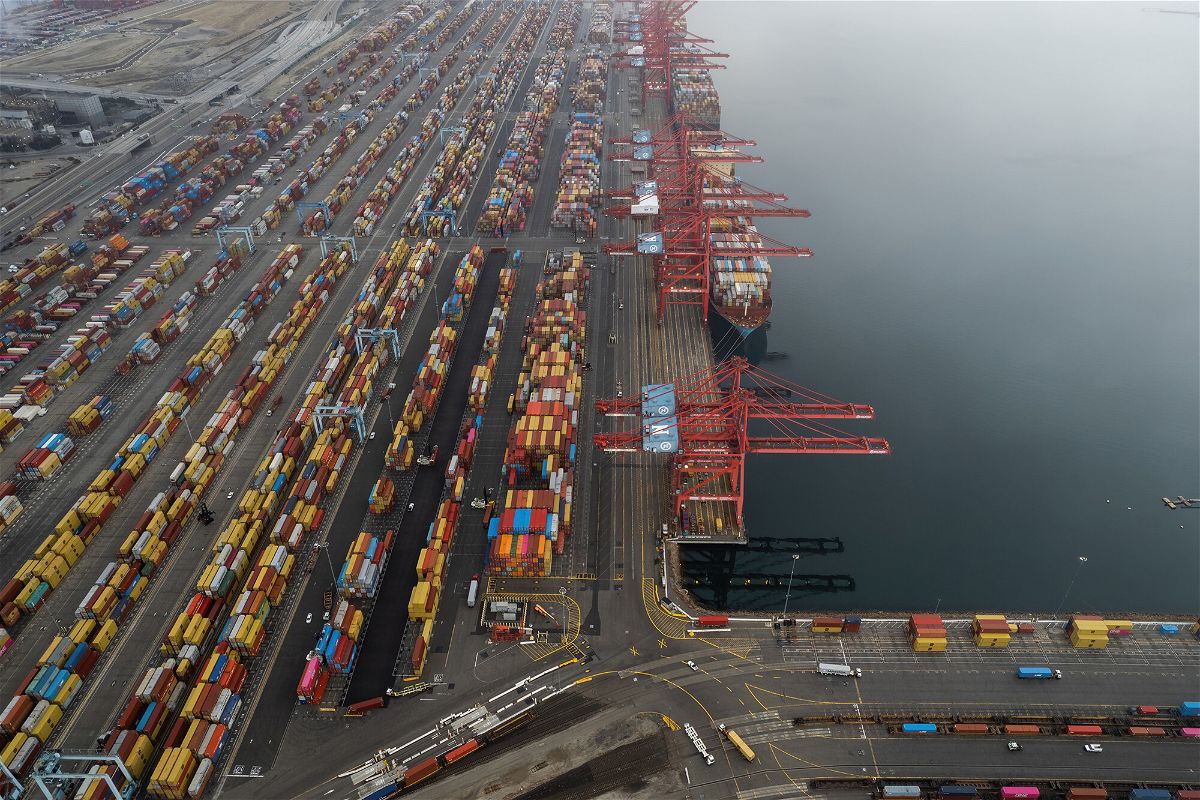<i>Qian Weizhong/VCG/Getty Images</i><br/>Aerial view of containers and ships at the Port of Los Angeles on October 23