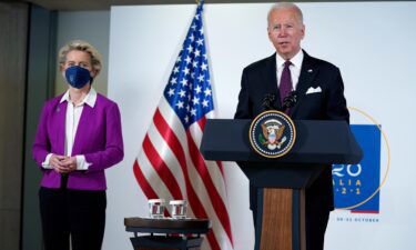 President Joe Biden and European Commission president Ursula von der Leyen talk to reporters about pausing the trade war over steel and aluminum tariffs during the G20 leaders summit