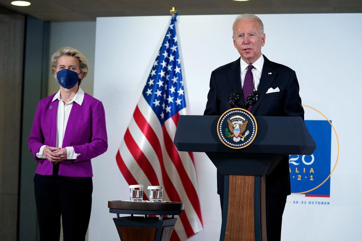 <i>Evan Vucci/AP</i><br/>President Joe Biden and European Commission president Ursula von der Leyen talk to reporters about pausing the trade war over steel and aluminum tariffs during the G20 leaders summit