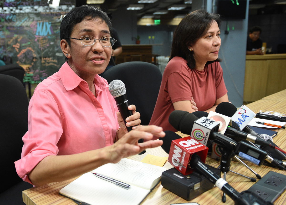 <i>Ted Aljibe/AFP/Getty Images</i><br/>Maria Ressa during a press conference in Manila in 2018.