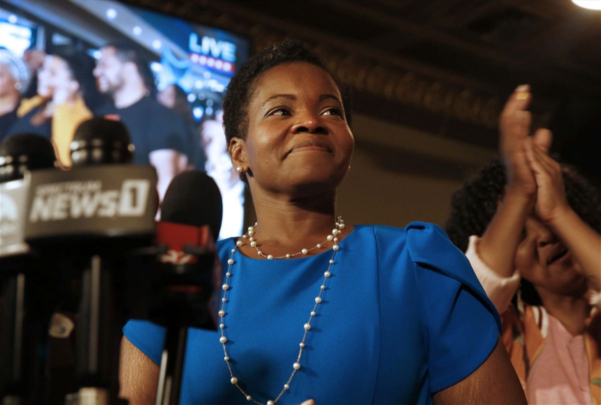 <i>Robert Kirkham/Buffalo News/AP</i><br/>Democratic Buffalo mayoral primary candidate India Walton delivers her victory speech after defeating incumbent Byron Brown